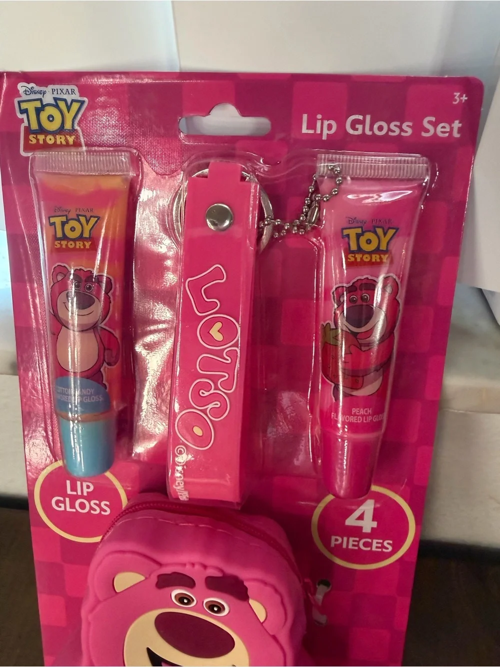 Toy Story lotso pink bear lipgloss set and keychain silicone bear new